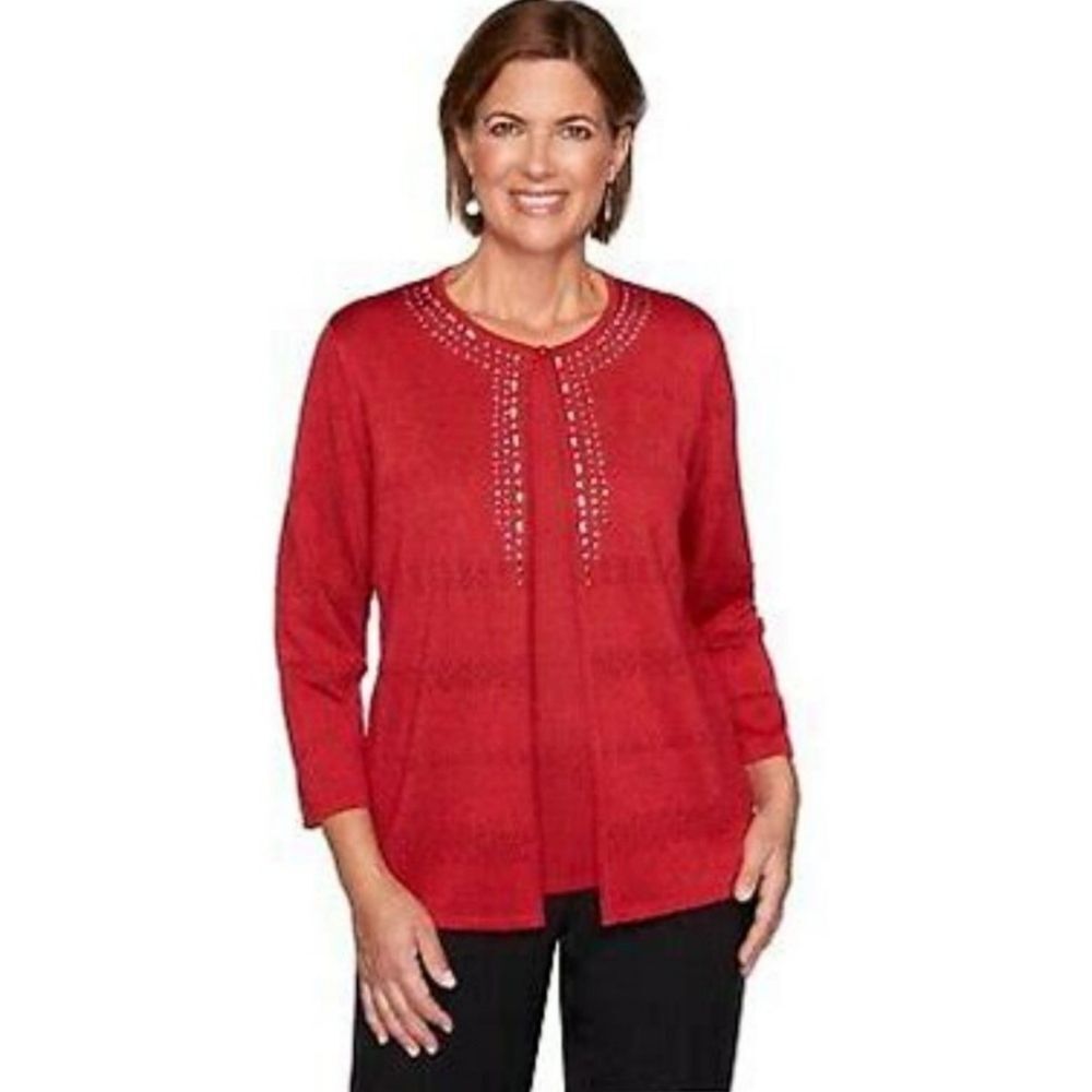 🔹️Alfred Dunner Red & Silver Metallic Classics Top & Attached Cardigan Medium